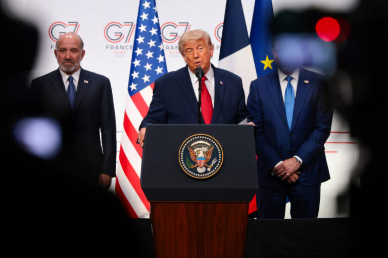 President Trump speaks during a media conference at the end of the G7 summit in Evian-les-Bains, France, on June 17.