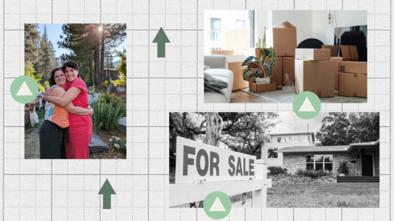 Three photos are arranged against the backdrop of a grid. On the left is a photo of Tammy Kremer (left side of the frame) and Hayley Currier, two friends who are hugging each other while standing outdoors. A top right is a photo of many cardboard boxes stacked and scattered inside a home that looks like it's being moved into. At bottom right is a black-and-white photo of a house with a