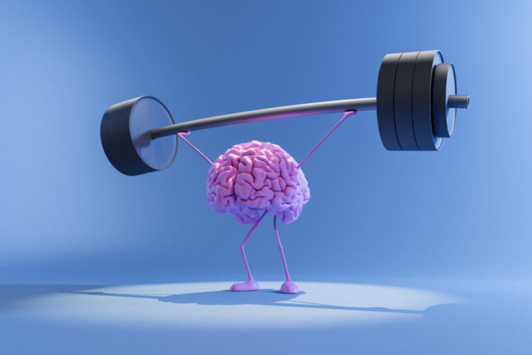 This illustration shows a pink human brain with stick legs and stick arms. The pink stick arms are holding up a black barbell with black disk-shaped weights on each end. The background is light blue.