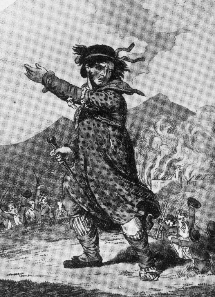 A black and white illustration showing a luddite leader who is a giant compared to the other people and standing in front of a building on fire next to a mountain.
