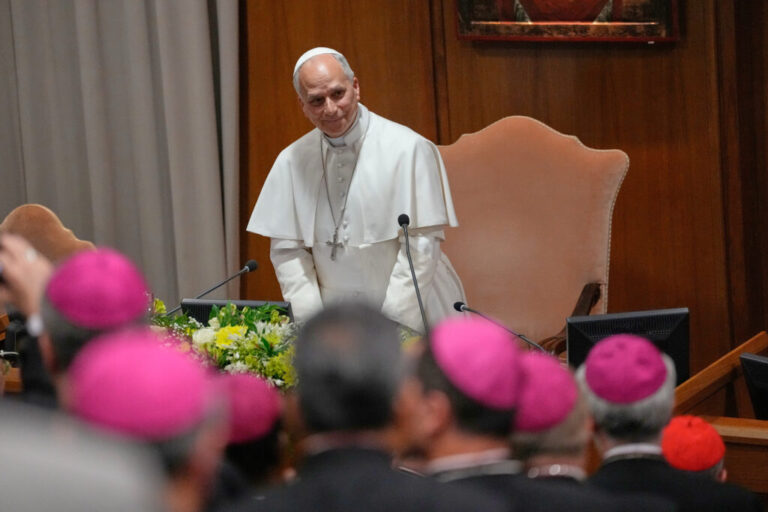 Pope Leo XIV attends the presentation of his first encyclical,
