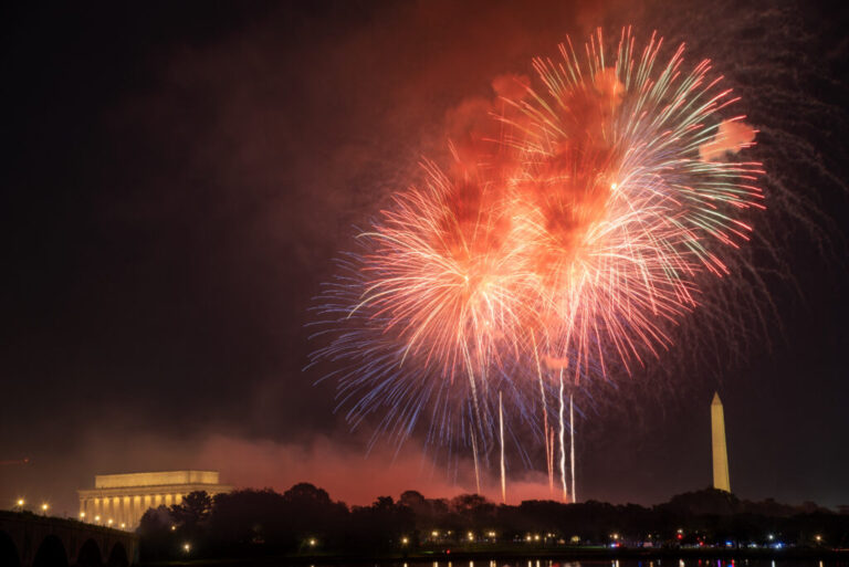 Fireworks illuminate the skyline above the Lincoln Memorial, Washington Monument and U.S. Capitol during U.S. Independence Day celebrations, as seen from Arlington, Va., on July 4, 2025.