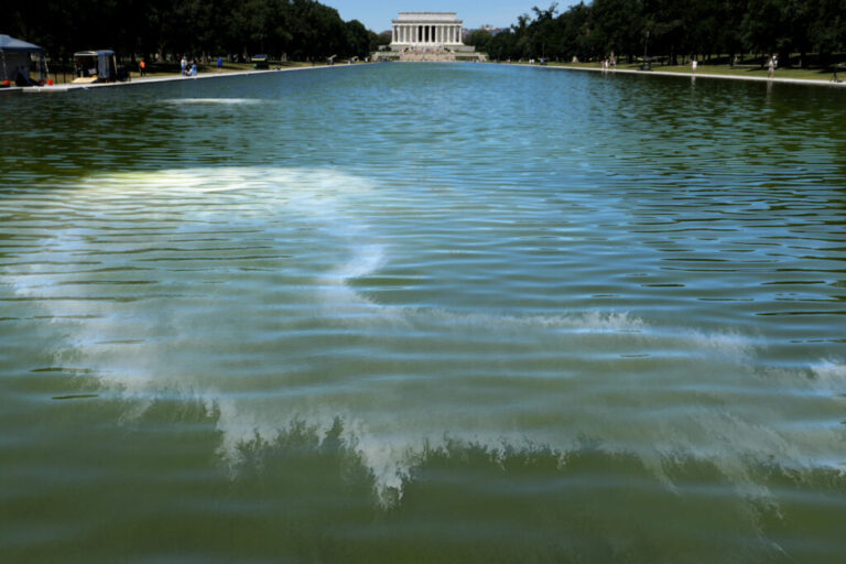 Workers are shown with long poles dipping into the water of the Reflecting Pool. The water is in the foreground of the photo, and it is a deep green color. The Lincoln Memorial is seen in the distance.
