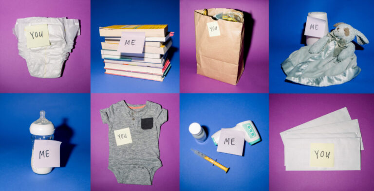 An eight-part grid displays images representing common chores in households that have babies, including diapering, research, grocery shopping, meal planning, bed time, bottle feeding, dishes, clothes shopping, laundry, doctor's appointments, sick care and managing the bills and mail. Each of the items has a sticky note on it that reads either
