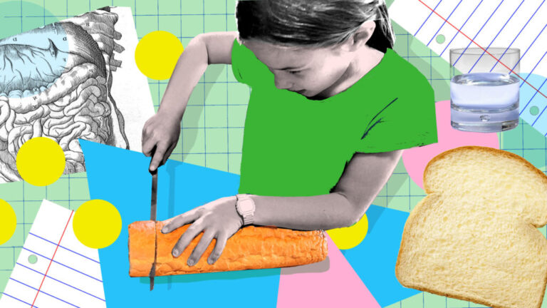 An illustration of a child slicing bread and a glass of water.