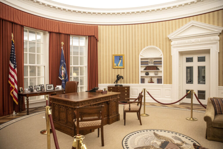 Level four of the Obama Presidential Center includes a replica of the Oval Office and pieces from Michelle Obama's wardrobe.