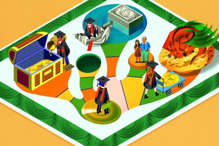 A college graduate stands at the start of a multi-path game board. The different paths show ways the student can pay for college.