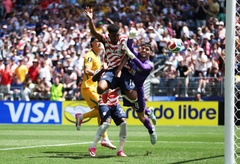 Alex Freeman #16 of the United States heads to score the team's second goal during the first half of the FIFA World Cup 2026 Group D match between USA and Australia in Seattle on Friday.