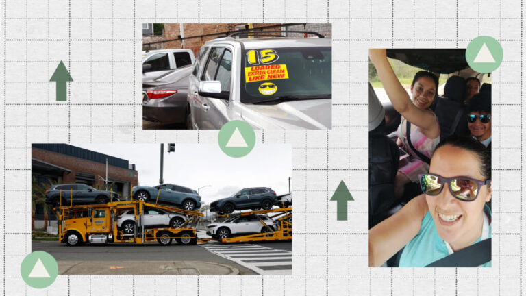 A collage of photos showing new cars on a truck, a used car with a sign that says