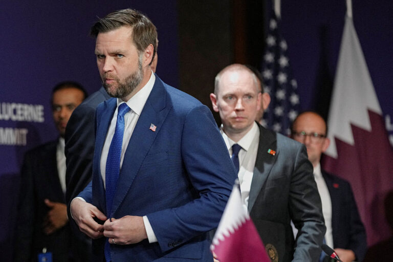 Vice President Vance attends a quadrilateral meeting between the United States, Iran, Pakistan and Qatar at the Burgenstock luxury hotel complex overlooking Lake Lucerne, Switzerland, on Sunday, as part of high-level talks aimed at advancing a deal to end the Middle East conflict.