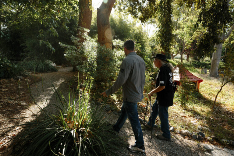 John Follmer and volunteer Andrew Blume discuss garden maintenance work for the day at the Japanese garden on the VA campus in Los Angeles in April.