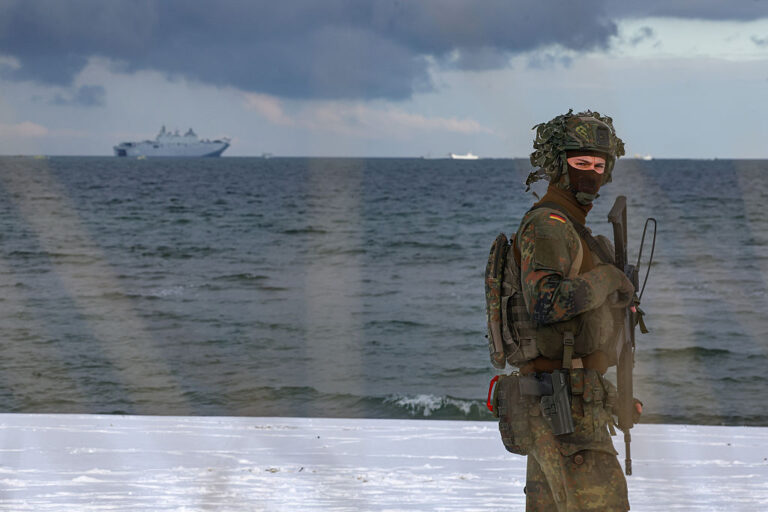 German soldiers participate in the Steadfast Dart 2026 NATO military exercise at the Putlos training grounds on Feb. 8 near Oldenburg in Holstein, Germany.