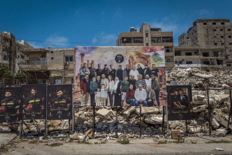 Tyre, Southern Lebanon — June 7, 2026. Billboards display images of entire families and rescue workers killed in separate airstrikes. More than 3,500 people have been killed in Israeli attacks, and over one million have been displaced, deepening an already severe humanitarian crisis and further complicating ceasefire efforts. Diego Ibarra Sánchez for NPR.