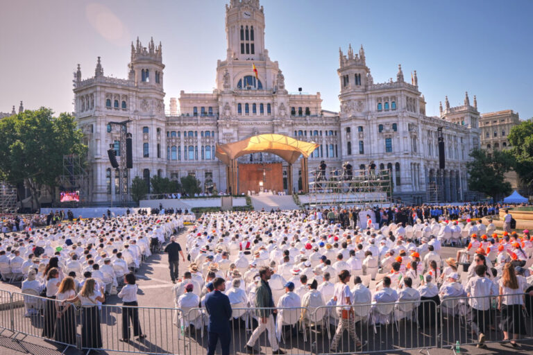 Pope Leo XIV presides over a Mass marking the Catholic feast of Corpus Christi at Plaza de Cibeles in Madrid, Spain, Sunday, June 7, 2026, on the second day of his seven-day apostolic visit to mainland Spain and the Canary Islands.