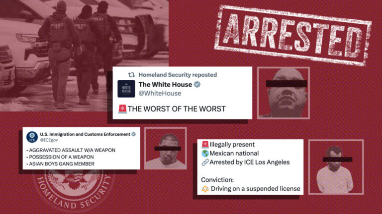 A collage which includes screenshots of posts from The White House and Department of Homeland Security with immigration-related arrest information including