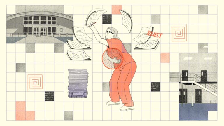 An illustration with a pale yellow background shows, at center, a woman in an orange prison uniform with her right hand on her stomach. She is writing a grievance on sheets of paper that are flying over her head. Over one of the pages is the word