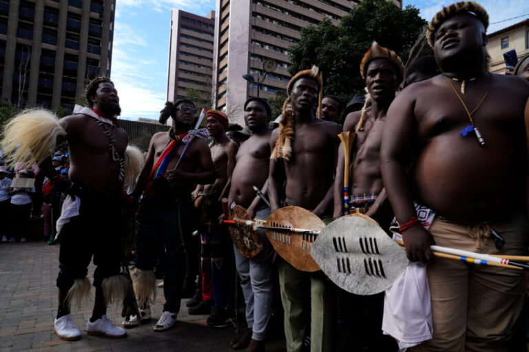 South Africans dressed in traditional attire protest against illegal migration on April 29 in Johannesburg.