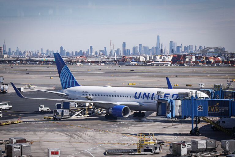 A United Airlines 767-300ER at the gate at Newark Liberty International Airport on March 18, 2026.