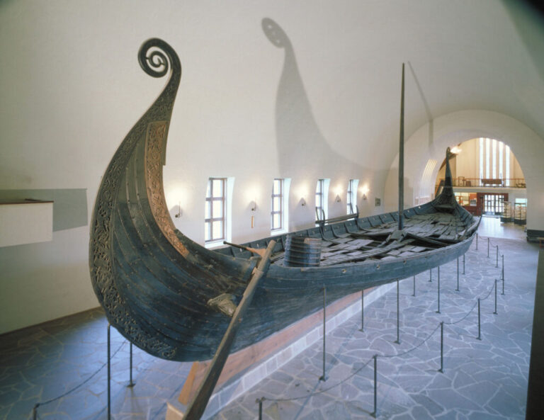 The Oseberg Ship in the former Viking Ship Museum in Oslo, Norway.
