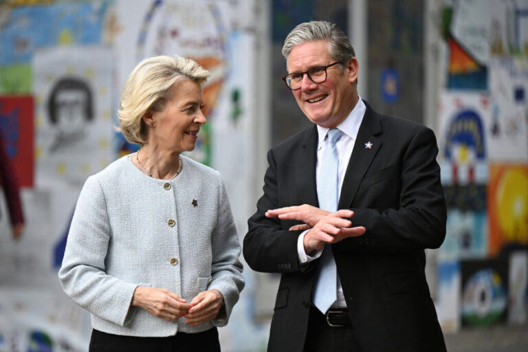 Ursula von der Leyen, President of the European Commission, left, and Keir Starmer, Prime Minister of the United Kingdom greet each other, ahead of their bilateral meeting  at the 6th European Political Community summit on May 16 in Albania.