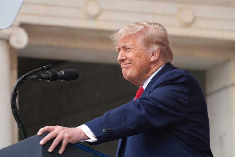 President Trump speaks at the Memorial Amphitheater in Arlington National Cemetery on May 25 in Arlington, Va.