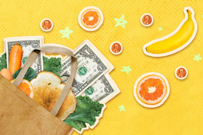 Collage: citrus slices, a banana, and pennies burst out from a bag full of groceries and dollar bills.