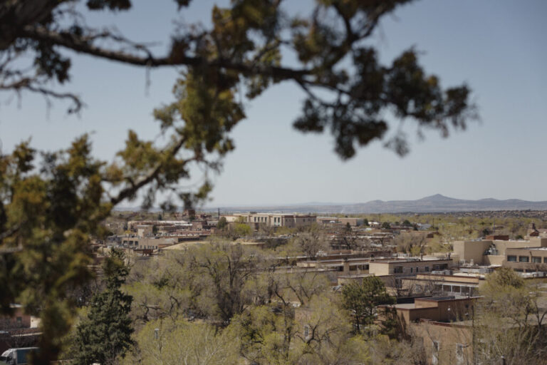 A view of Santa Fe from the Cross of the Martyrs monument in Santa Fe, New Mexico.