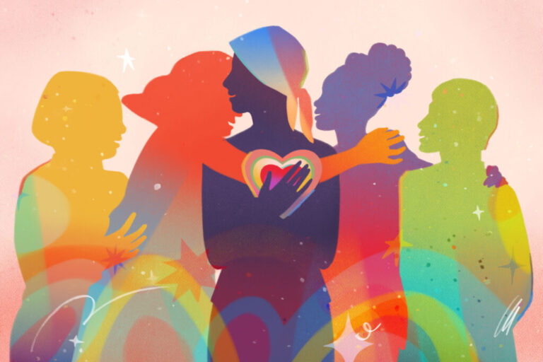 An illustration that shows colorful silhouettes of people. The person in the middle is going through cancer treatment and wears a scarf on their head. There are two people on either side of the middle figure, leaning in to support them. Colorful stars and confetti-like dots are scattered around the image.
