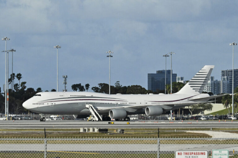 A Qatari Boeing 747 sits on the tarmac of Palm Beach International airport  after President Trump toured the aircraft on Feb. 15. The U.S. has since accepted the luxury Boeing jet from the Qatari royal family.