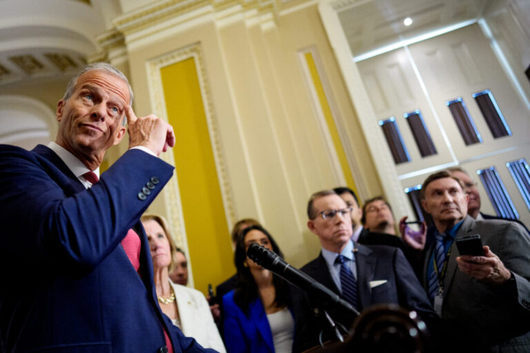 Senate Majority Leader John Thune, R-S.D., takes a question from a reporter following a Republican policy luncheon at the U.S. Capitol on June 16.