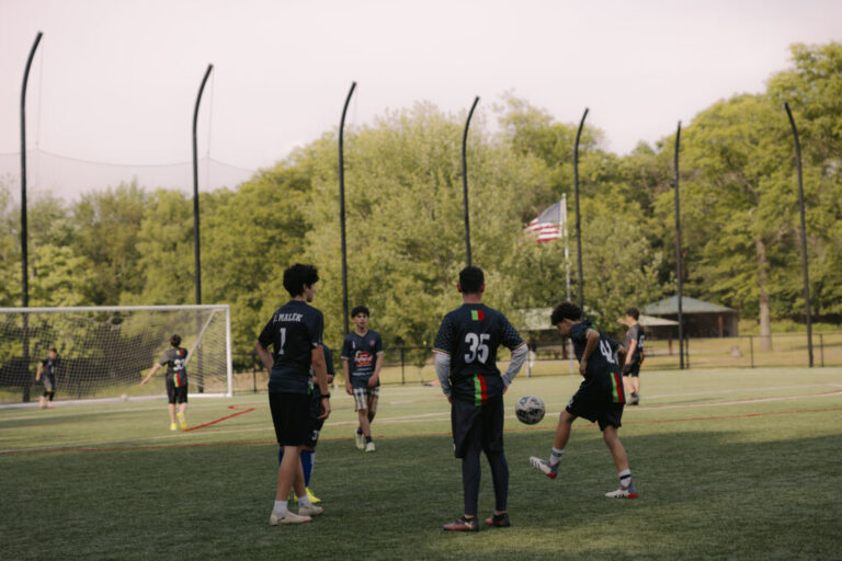 Members of the Palestino Soccer Academy participate in an evening practice at Frank D Zaccaria Memorial Park in Woodland Park, New Jersey, U.S., on Saturday, June 6, 2026. CREDIT: José A. Alvarado Jr. for NPR, @josealvarado