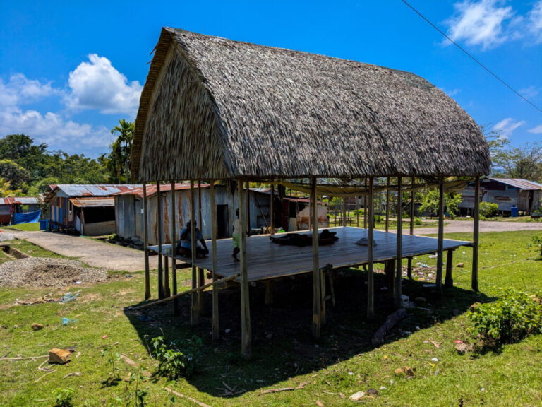 Before the 2004 tsunami destroyed their villages, the indigenous Nicobarese lived in thatched roof shelters like these near the coast of the Great Nicobar island.