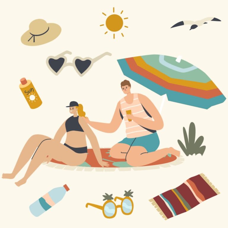 Male and female characters put Sunscreen Cream underneath umbrella. They are surrounded by summer objects like water, a hat, bottles, and 2 pairs of sunglasses.