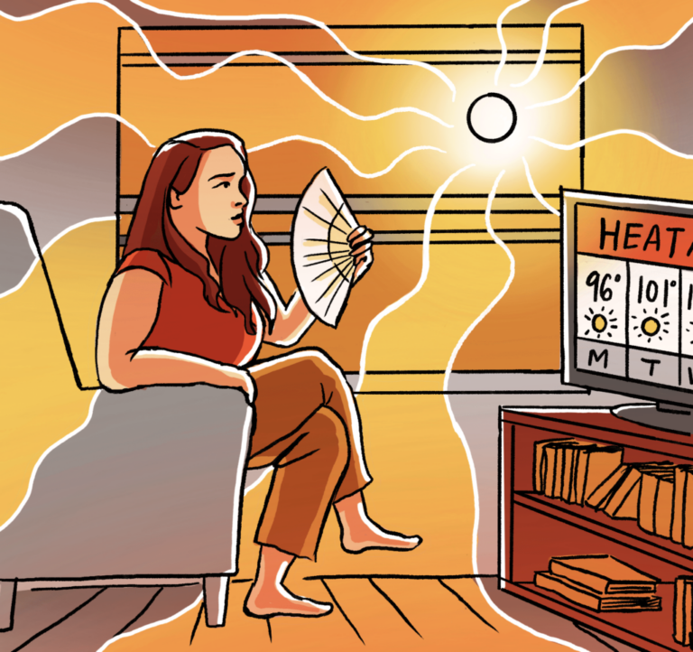 An illustration of a woman sitting inside, fanning herself, as she watches a heat advisory on TV. Behind her, the sun's rays glow through the window and suffuse the room with heat.
