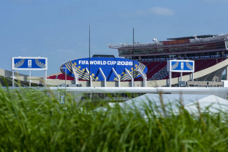 A general view of exterior FIFA World Cup 2026 signage at Kansas City Stadium on June 08, 2026 in Kansas City, Missouri.
