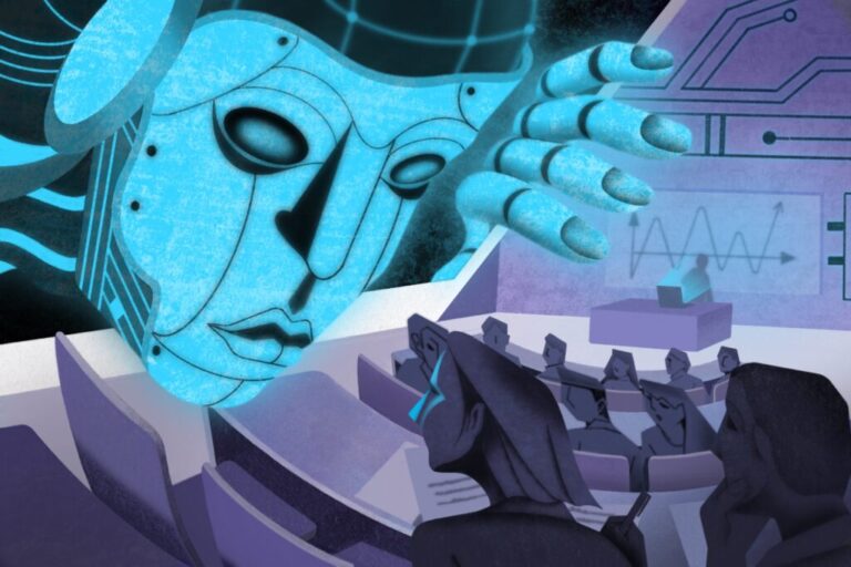 An illustration showing a giant, blue robotic face peering at students in a large college lecture hall.