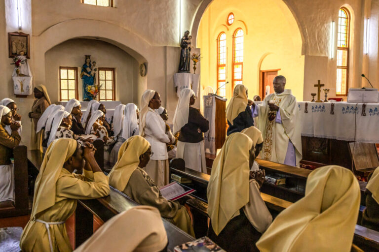 Nuns attend morning mass in the chapel at the Little Sisters of St. Francis.