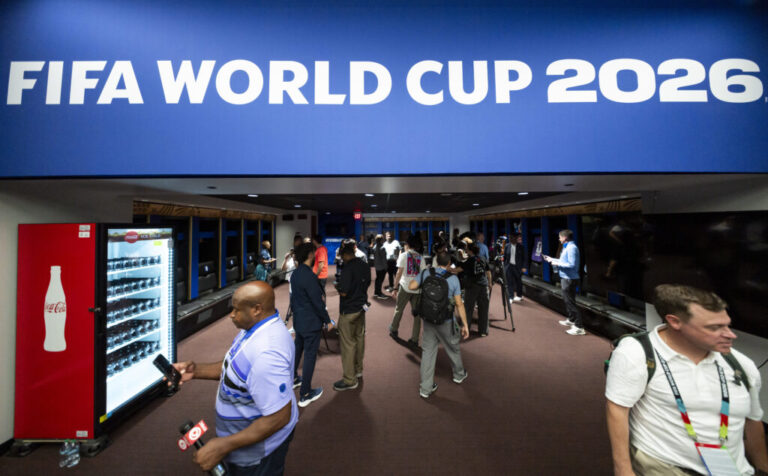 Media members tour the locker rooms at Kansas City Stadium ahead of the FIFA World Cup 2026 on June 8 in Kansas City, Mo.