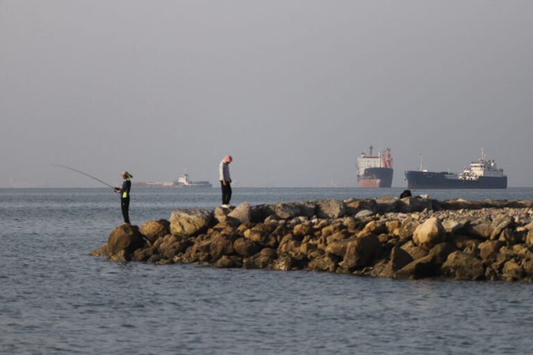 In this picture obtained from Iran's ISNA news agency, residents fish from the shore as cargo and commercial vessels lie at anchor in the Strait of Hormuz off Bandar Abbas on June 8.
