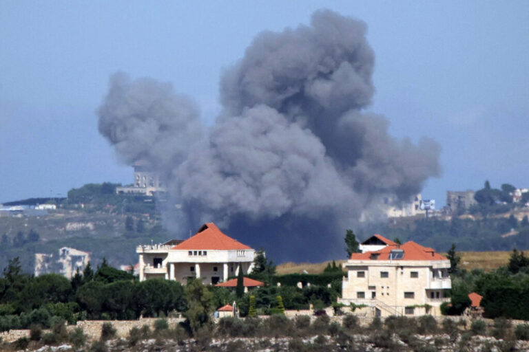 Smoke rises from Israeli bombardment near the village of Mayfadoun as seen from nearby Marjayoun (Marjeyoun) in southern Lebanon on June 6, 2026.