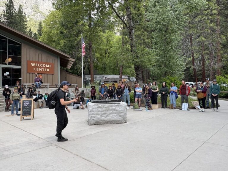 Off-duty Yosemite employees and locals protest the federal government's actions to reduce staffing at the Yosemite Village.