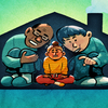 Illustration of an adult child and their parents squished into a tiny house silhouette.