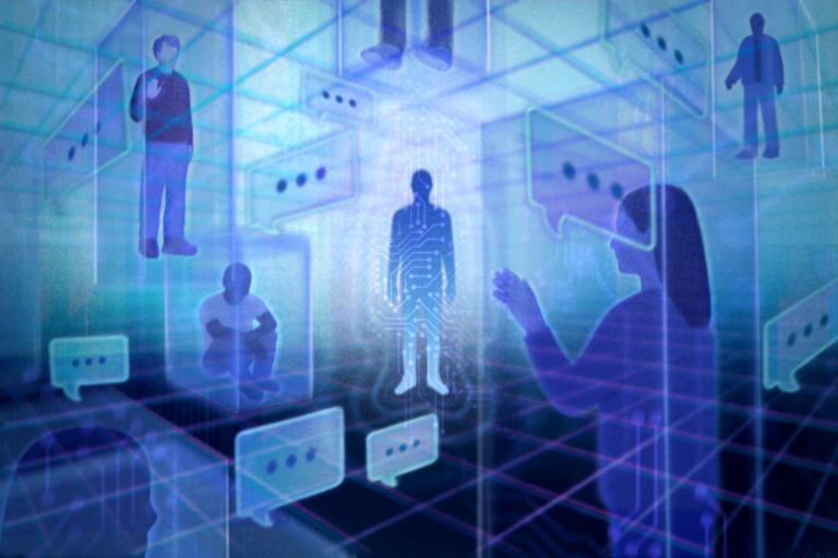An illustration of a woman reaching out toward an artificial person. She is standing within a 3D grid with floating chat bubbles and other people confined in transparent boxes.