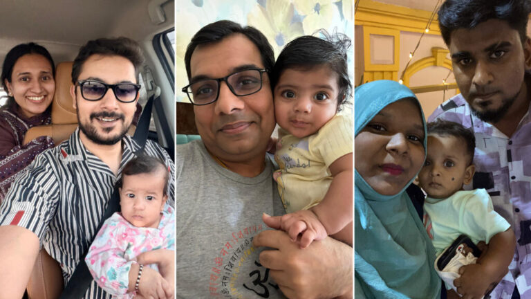 From left: Dr. Nilay Mahajan with his wife, Dr. Charu Srivasta, and their daughter, Tarini; Manik Seghal with his son, Gunagyaa; and Ajas Ahmed, his wife, Reshma, and son, Naseer.
