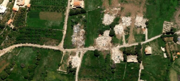 A sattelite image from May 22, 2026 shows Mazen’s Neighborhood in Yaroun is destroyed.