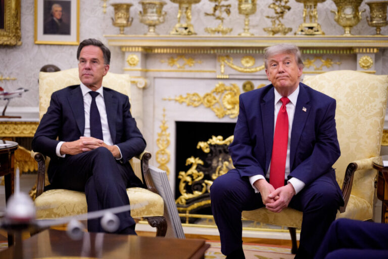 U.S. President Donald Trump (R) and NATO Secretary-General Mark Rutte (L) appear during a meeting in the Oval Office of the White House on June 24, 2026 in Washington, DC.