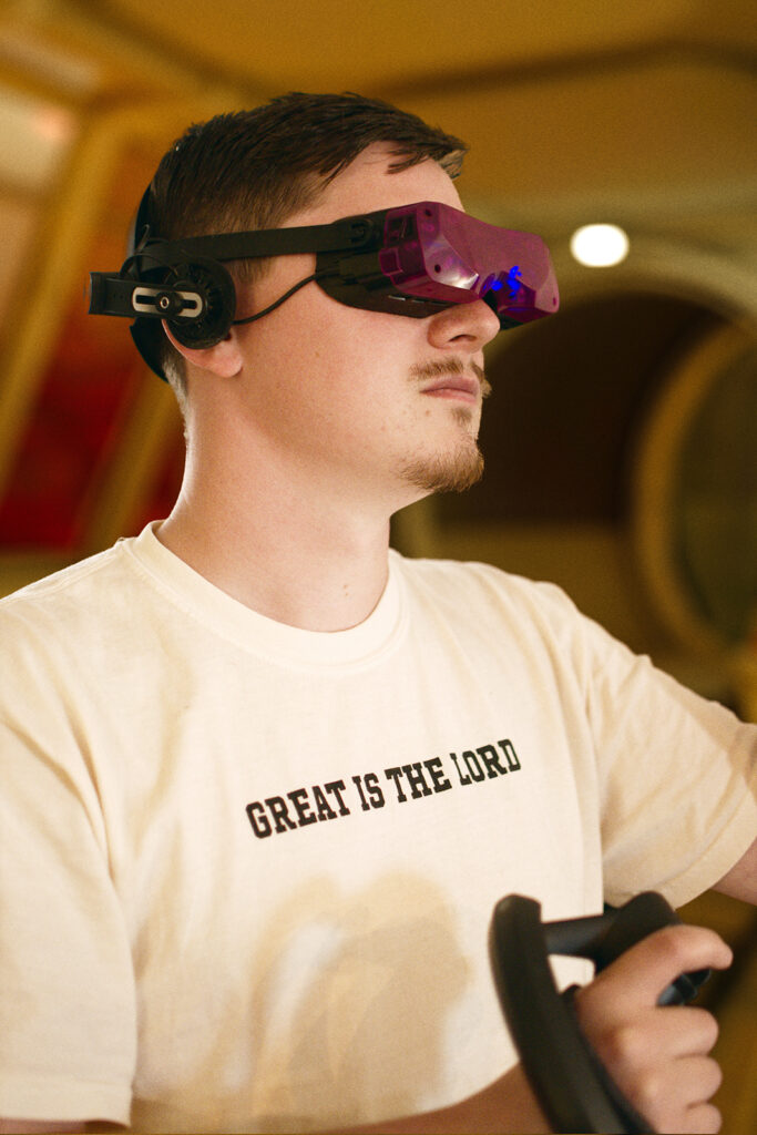 Geoffrey Powell wears a virtual reality headset. (Photo courtesy of Powell)