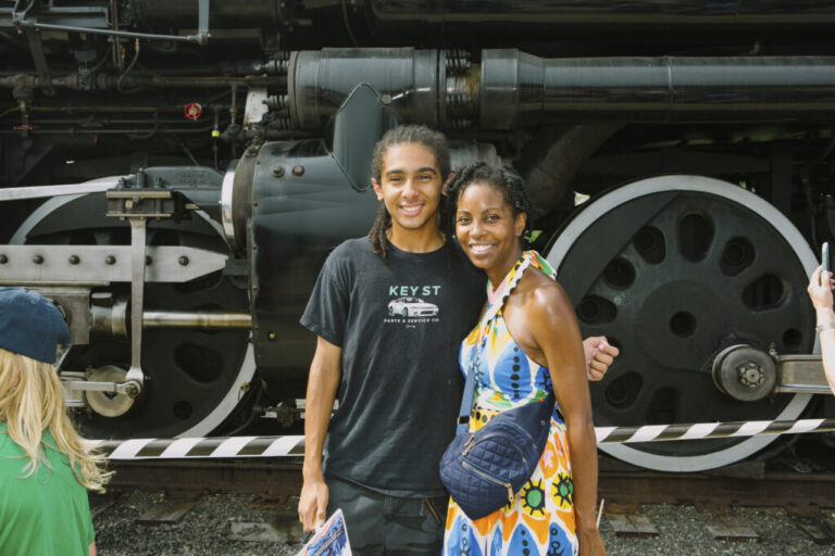 Train enthusiast Brandon Westerfield, 15, stands for a portrait with his mom, Alethea Westerfield, 47, in front of Union Pacific’s Big Boy No. 4014.