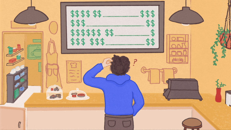 A restaurant patron looking up at a menu covered in dollar signs, with a bemused expression suggesting an unexpected surprise at the prices.