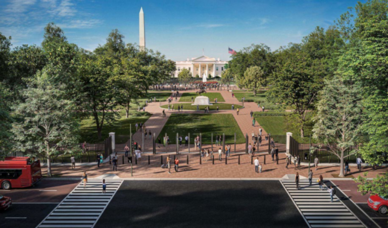 Aerial view of Lafayette Park with fencing around it. The White House and Washington Monument are visible further behind the park.